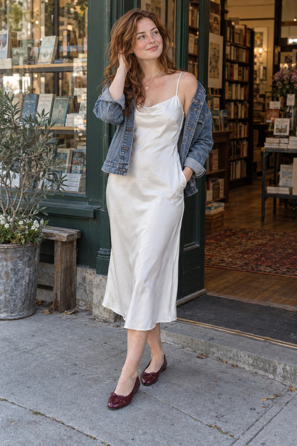 White satin slip dress with a denim jacket and burgundy ballet flats