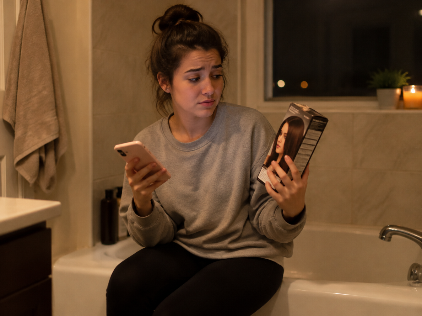 Young woman sitting on the edge of a bathtub at night holding a box of hair dye and her phone