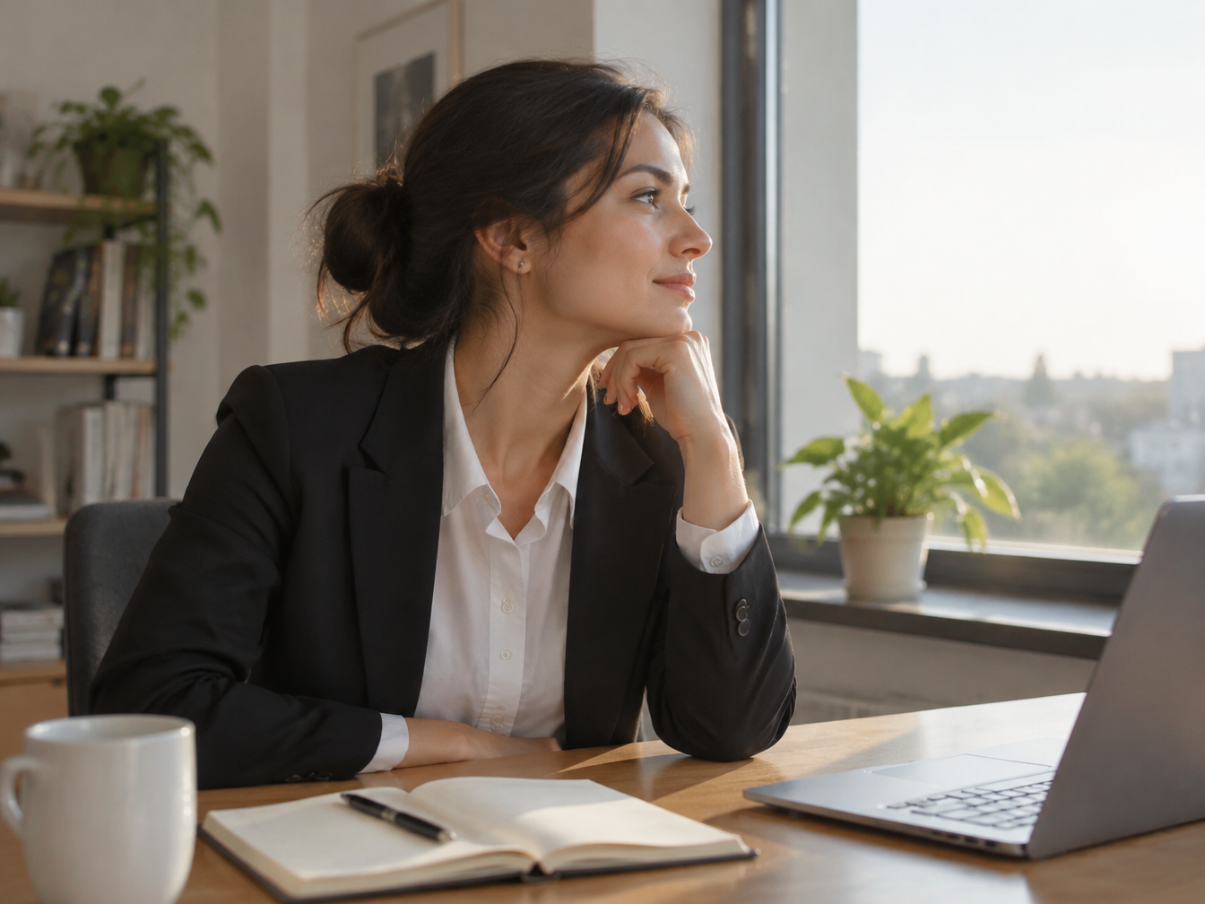 Young woman in a white shirt and blazer at a desk with a notebook and laptop looking out the window
