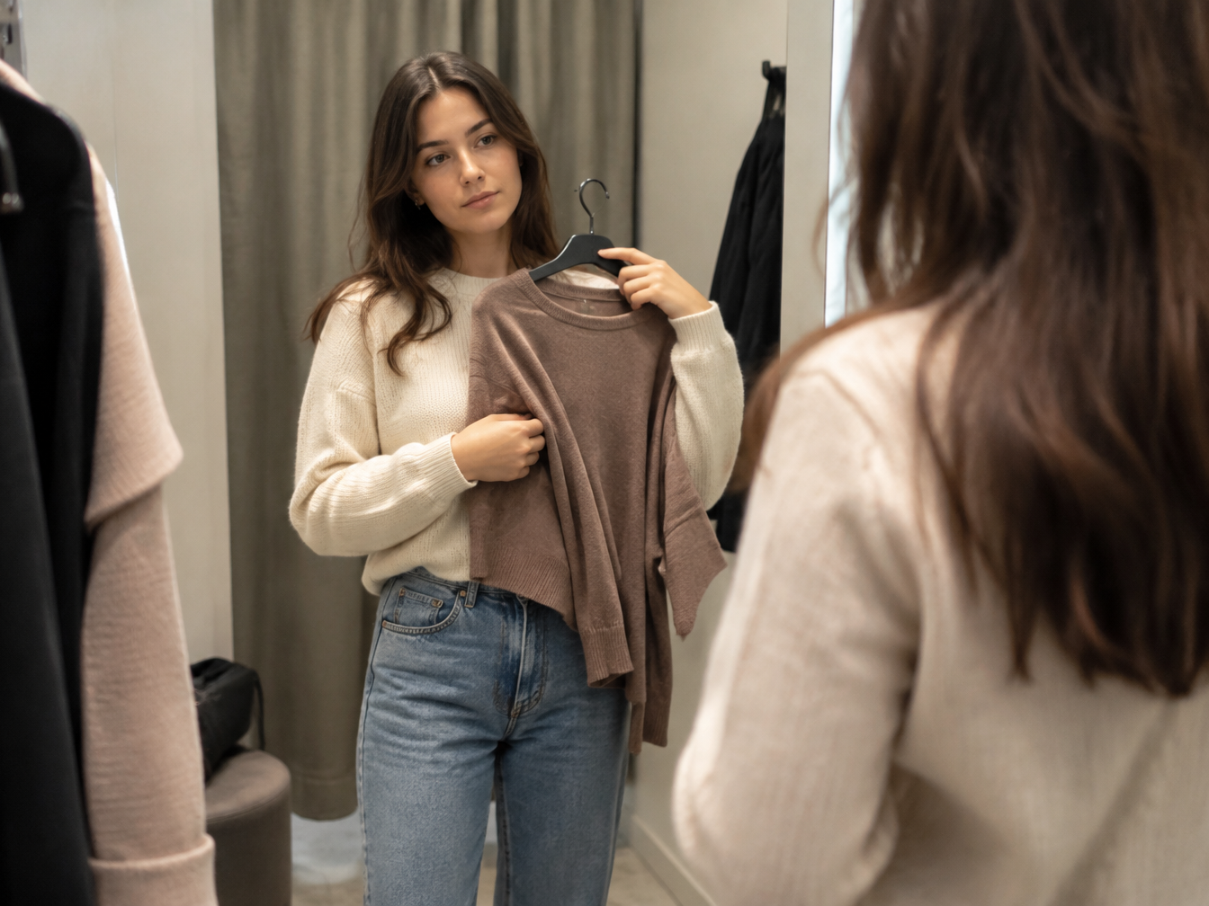 Young woman in a fitting room looking thoughtfully at herself in the mirror while holding a hanger