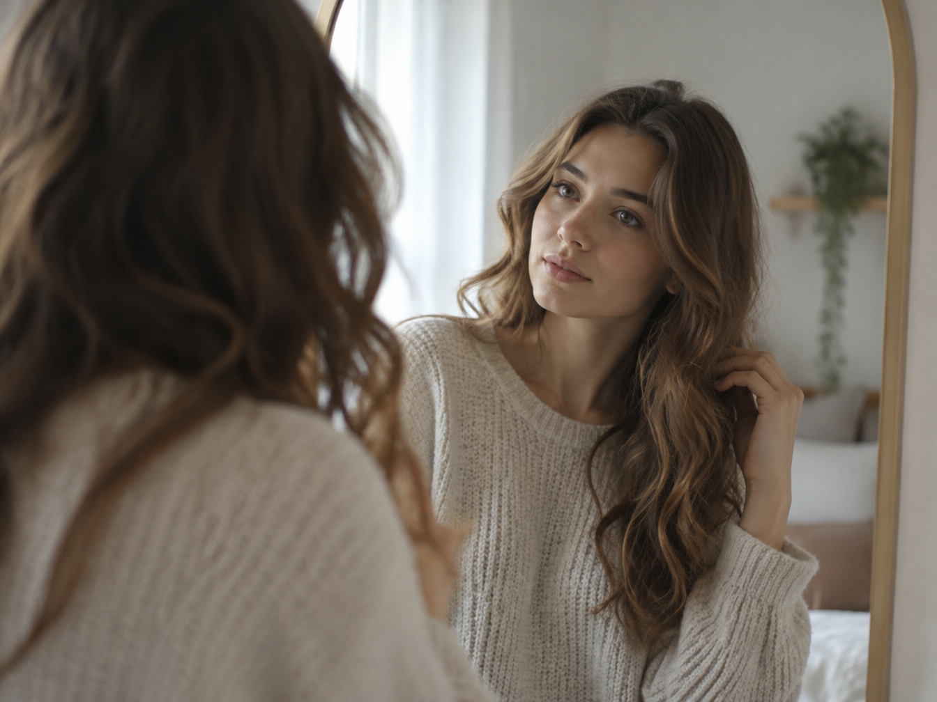 Young woman in a knit sweater looking in a mirror and gently touching her long wavy hair