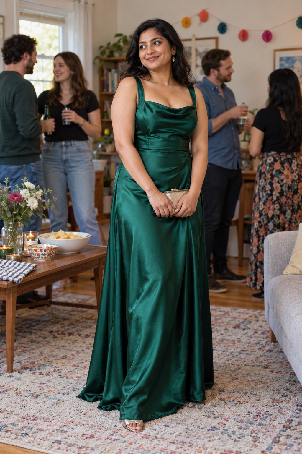 Emerald evening gown and metallic clutch worn at a casual house party