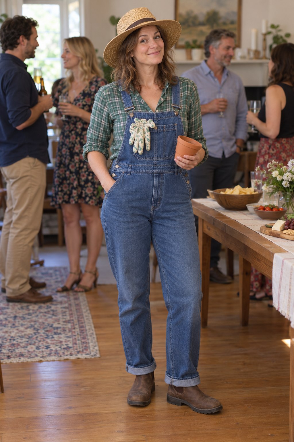 Denim dungarees, checked shirt, gardening hat and empty flowerpot at a house party