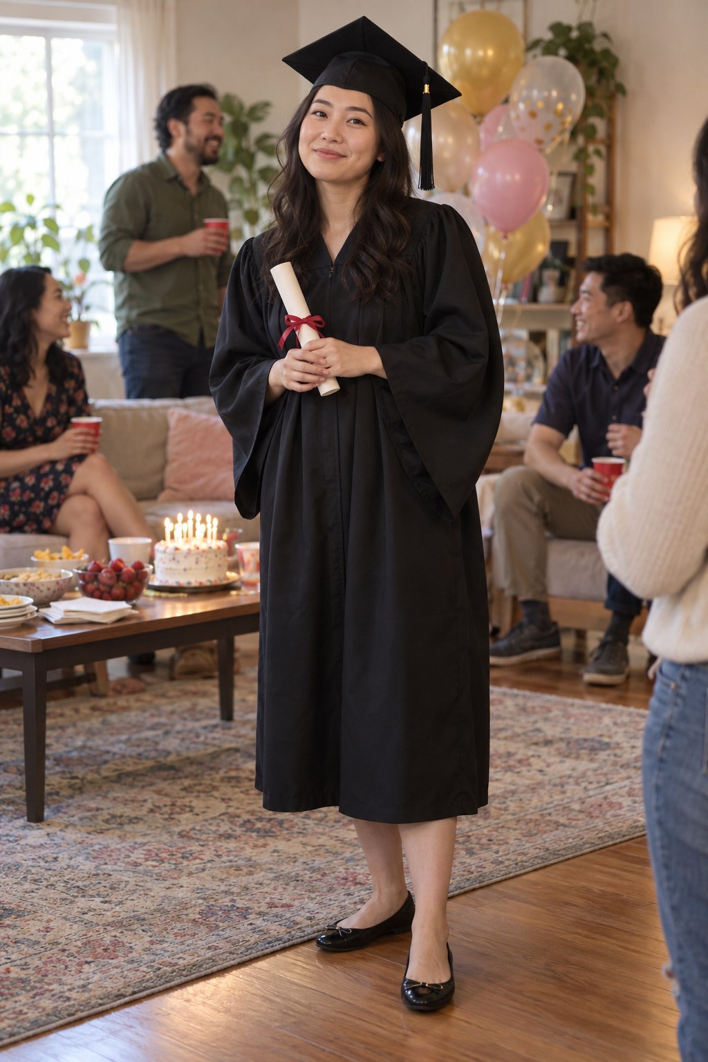 Black graduation cap and gown with rolled paper at a birthday gathering