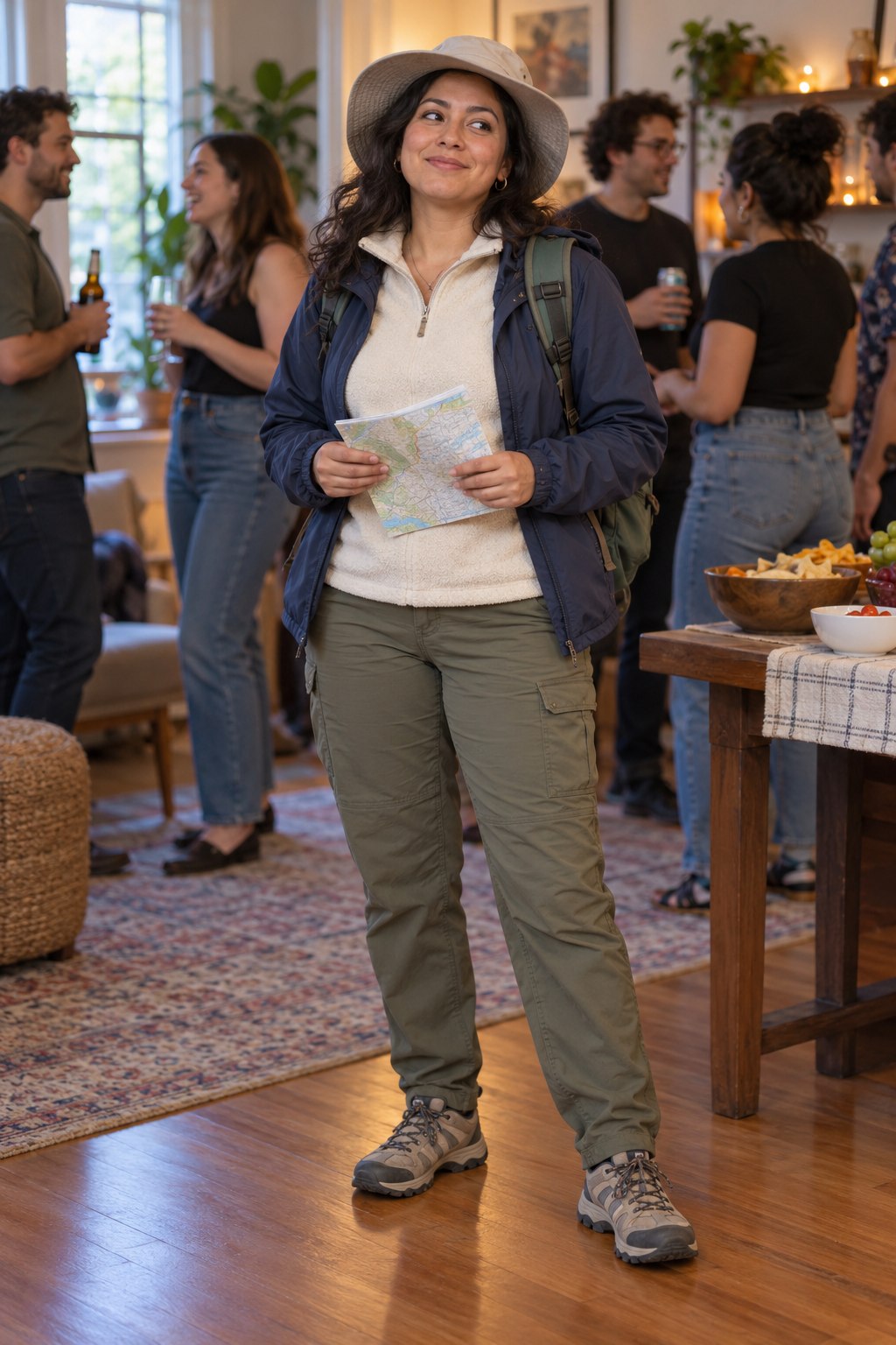 Hiking trousers, fleece, outdoor jacket, daypack and map at an indoor party