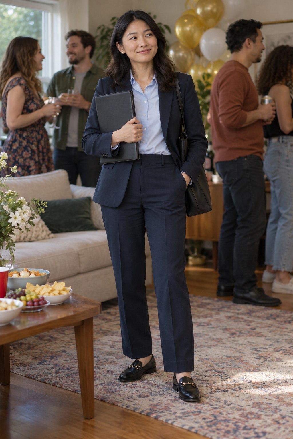 Navy business suit with a shirt, loafers and document folder at a house party